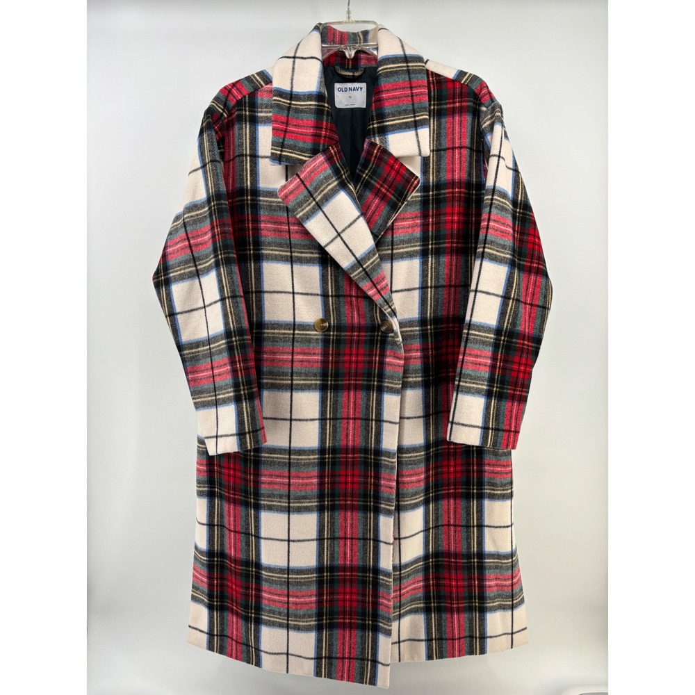 Old Navy Plaid Longline Overcoat Women XL Double Breasted Tartan Slouchy